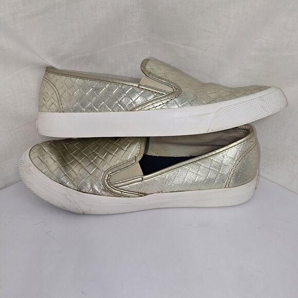 Sperry Seaside Emboss Weave Gold Leather Slip On Deck Boat Loafers Size 7.5 - Picture 6 of 7